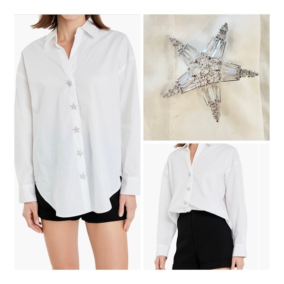 English Factory Tops - English Factory White Crystal Button Embellished Star Button Down Shirt